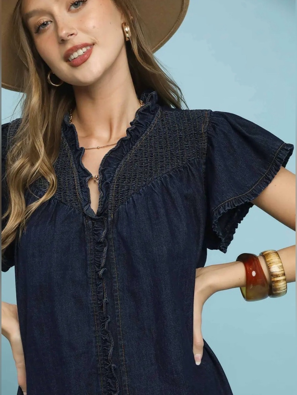 Umgee Ruffled Washed Denim Dress - Picture 5 of 7